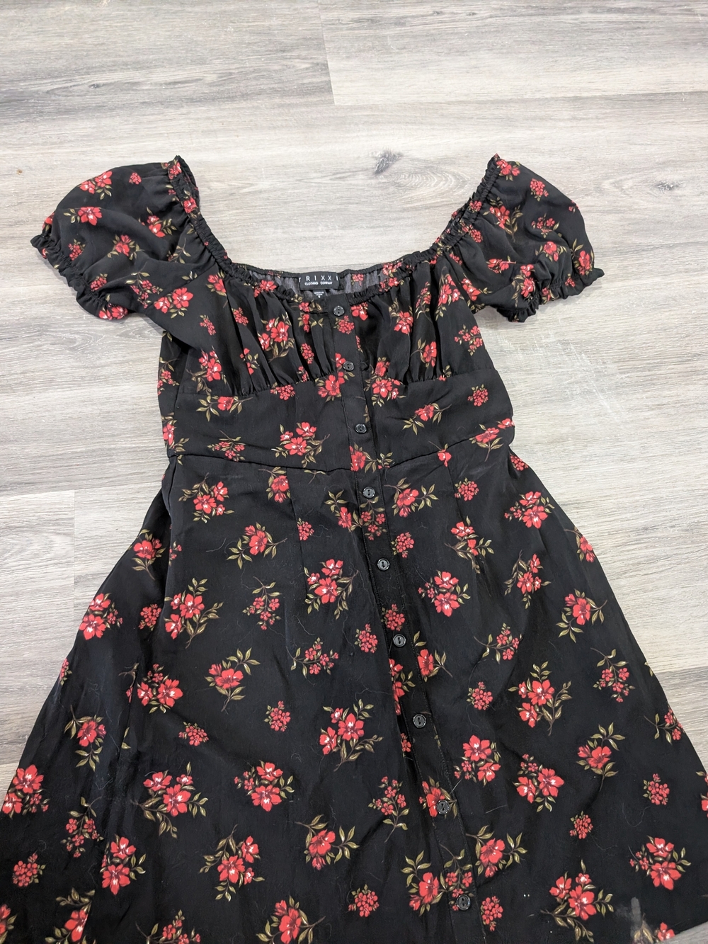 Black Floral Puff-Sleeve Dress with Red Flowers
